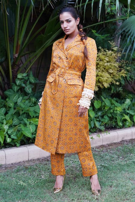 Ekavira Sunheri Hand Block Print Trench Coat & Pant Set 