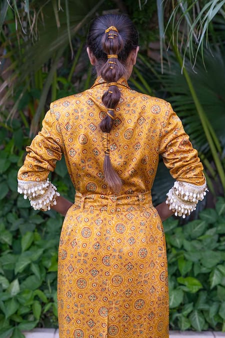 Shop Ekavira Yellow Maheshwari, Cotton, Silk Sunheri Hand Block Print Trench Coat And Pant Set at Aza Fashions Shop_Ekavira_Yellow Maheshwari, Cotton, Silk Sunheri Hand Block Print Trench Coat And Pant Set _at_Aza_Fashions