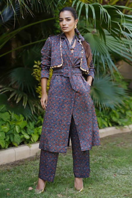 Ekavira Neelam Hand Block Print Trench Coat & Pant Set 