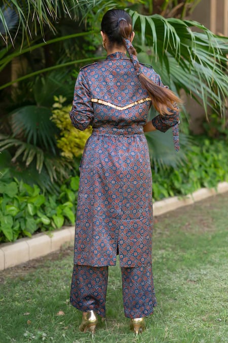 Shop_Ekavira_Blue Maheshwari, Cotton Studs, Neelam Hand Block Print Trench Coat And Pant Set _at_Aza_Fashions