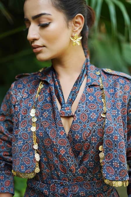 Shop_Ekavira_Blue Maheshwari, Cotton Studs, Neelam Hand Block Print Trench Coat And Pant Set _Online_at_Aza_Fashions