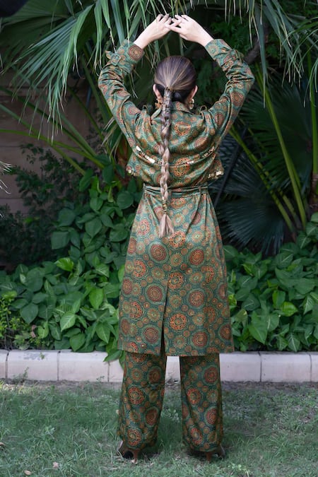 Shop Ekavira Green Cotton, Silk Embroidery Panna Hand Block Print Trench Coat And Pant Set Online at Aza Fashions Shop_Ekavira_Green Cotton, Silk Embroidery Panna Hand Block Print Trench Coat And Pant Set _Online_at_Aza_Fashions