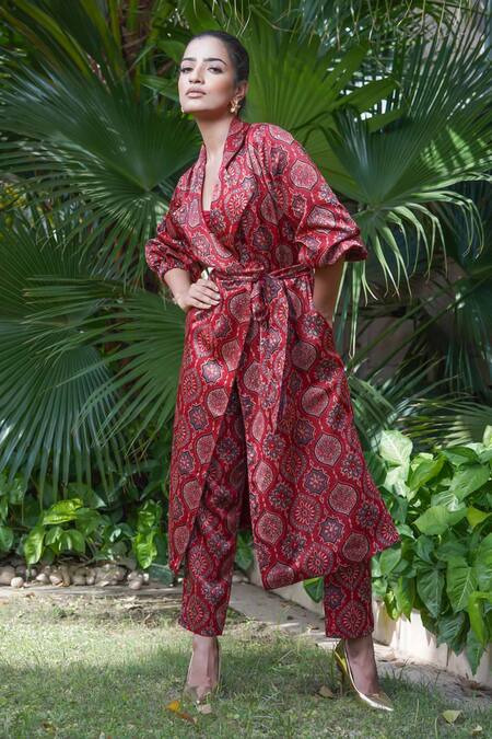 Ekavira Surkh Ajrakh Print Trench Coat & Pant Set 