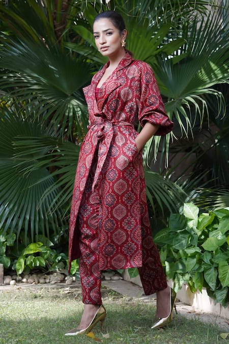 Shop Ekavira Maroon Maheshwari, Silk Embroidery Surkh Ajrakh Print Trench Coat And Pant Set Online at Aza Fashions Shop_Ekavira_Maroon Maheshwari, Silk Embroidery Surkh Ajrakh Print Trench Coat And Pant Set _Online_at_Aza_Fashions
