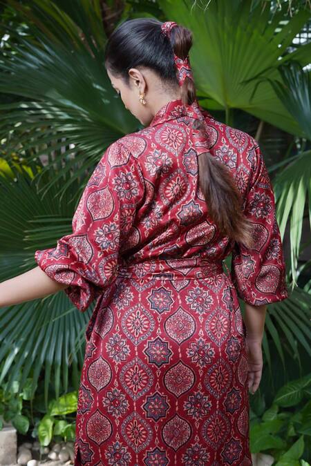 Ekavira Maroon Maheshwari, Silk Embroidery Surkh Ajrakh Print Trench Coat And Pant Set at Aza Fashions Ekavira_Maroon Maheshwari, Silk Embroidery Surkh Ajrakh Print Trench Coat And Pant Set _at_Aza_Fashions