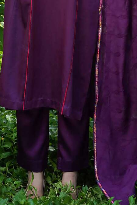 Ekavira Purple Chanderi, Silk Embroidery Round Neck Jamini Patch Kurta Set Online at Aza Fashions Ekavira_Purple Chanderi, Silk Embroidery Round Neck Jamini Patch Kurta Set _Online_at_Aza_Fashions