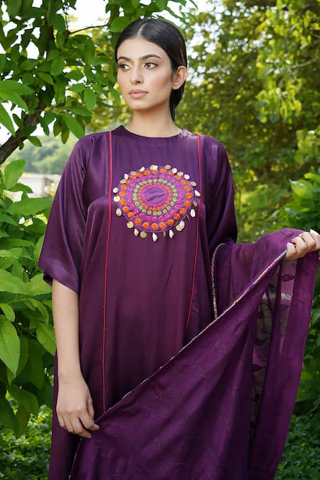 Ekavira Purple Chanderi, Silk Embroidery Round Neck Jamini Patch Kurta Set at Aza Fashions Ekavira_Purple Chanderi, Silk Embroidery Round Neck Jamini Patch Kurta Set _at_Aza_Fashions