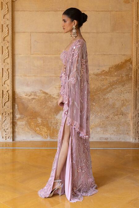 Arpita Mehta_Pink Net Mirrors, Beads, Cut Work Square Neck And Sequin Embroidered Skirt Set_Online_at_Aza_Fashions