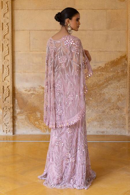 Shop_Arpita Mehta_Pink Net Mirrors, Beads, Cut Work Square Neck And Sequin Embroidered Skirt Set_at_Aza_Fashions