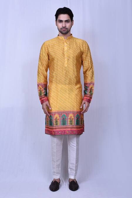 Buy_Arihant Rai Sinha_Yellow Chiffon, Silk Sequins, Embroidery Bandhani Print Kurta Set _Online_at_Aza_Fashions