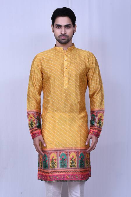 Shop Arihant Rai Sinha Yellow Chiffon, Silk Sequins, Embroidery Bandhani Print Kurta Set Online at Aza Fashions Shop_Arihant Rai Sinha_Yellow Chiffon, Silk Sequins, Embroidery Bandhani Print Kurta Set _Online_at_Aza_Fashions