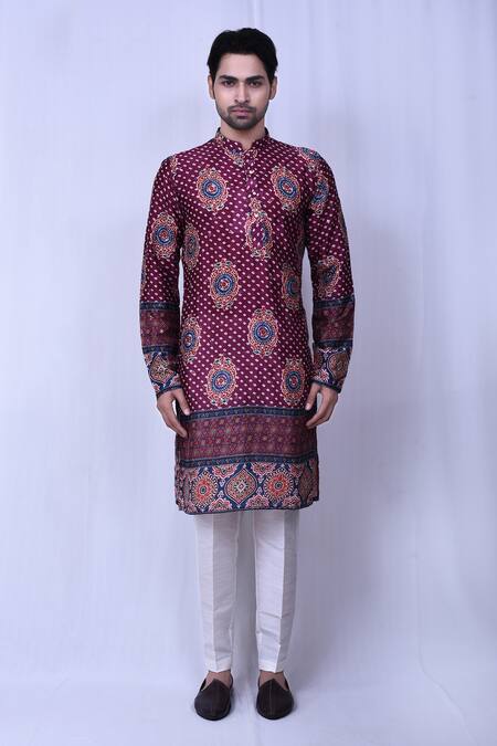 Buy_Arihant Rai Sinha_Wine Cotton, Silk Sequins, Embroidery Bandhani Print Kurta Set _Online_at_Aza_Fashions