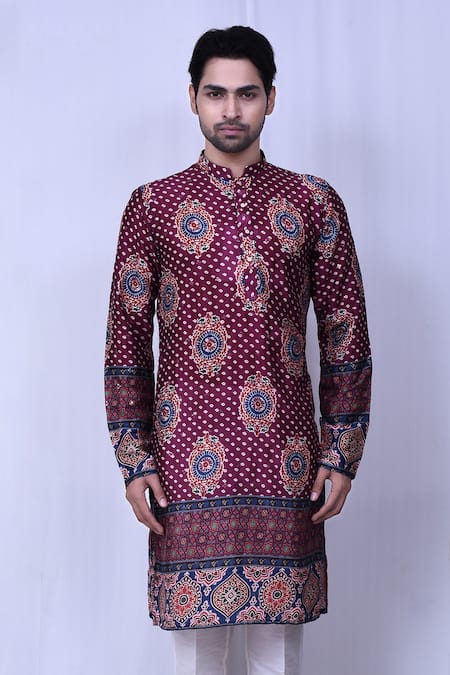 Shop_Arihant Rai Sinha_Wine Cotton, Silk Sequins, Embroidery Bandhani Print Kurta Set _Online_at_Aza_Fashions