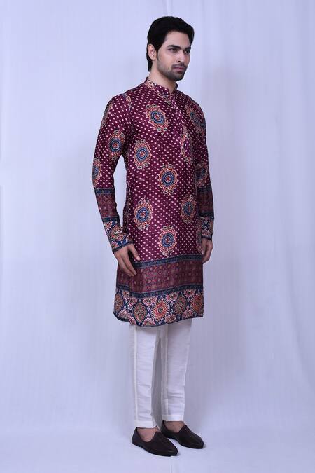 Arihant Rai Sinha_Wine Cotton, Silk Sequins, Embroidery Bandhani Print Kurta Set _at_Aza_Fashions