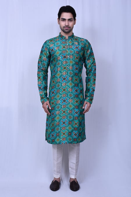 Buy_Arihant Rai Sinha_Green Cotton, Silk Embroidery Bandhani And Floral Print Kurta Set _Online_at_Aza_Fashions