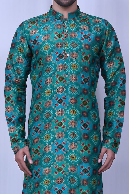 Shop_Arihant Rai Sinha_Green Cotton, Silk Embroidery Bandhani And Floral Print Kurta Set _Online_at_Aza_Fashions