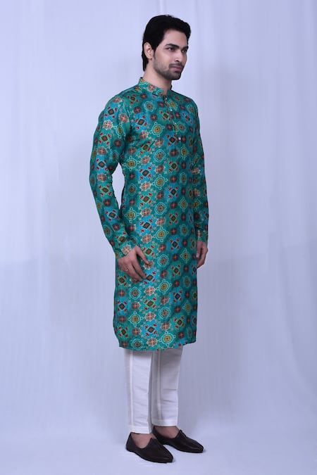 Arihant Rai Sinha_Green Cotton, Silk Embroidery Bandhani And Floral Print Kurta Set _at_Aza_Fashions