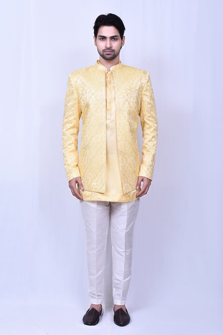 Buy_Arihant Rai Sinha_Yellow Satin, Silk, Cotton Embroidery Chikankari Coat And Short Kurta Set _Online_at_Aza_Fashions