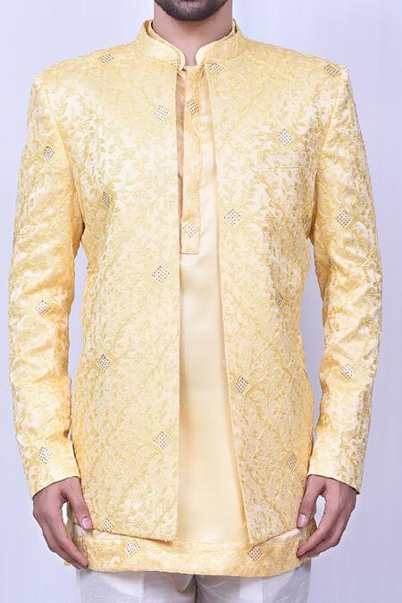 Shop_Arihant Rai Sinha_Yellow Satin, Silk, Cotton Embroidery Chikankari Coat And Short Kurta Set _Online_at_Aza_Fashions