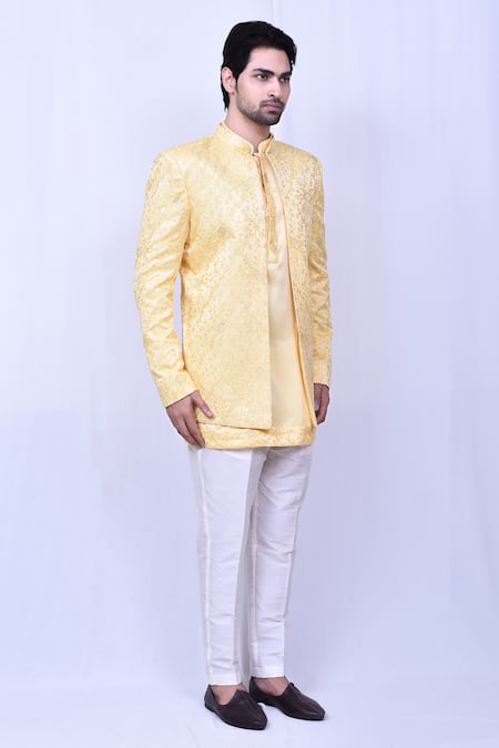 Arihant Rai Sinha_Yellow Satin, Silk, Cotton Embroidery Chikankari Coat And Short Kurta Set _at_Aza_Fashions