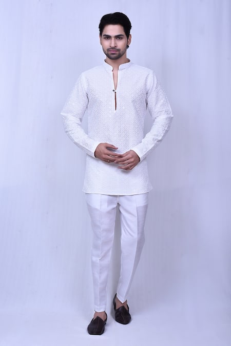 Arihant Rai Sinha White Cotton Embroidered Chikankari Short Kurta 