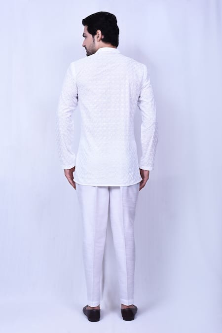 Shop Arihant Rai Sinha White Cotton Embroidery Floral Geometric Chikankari Work Short Kurta at Aza Fashions Shop_Arihant Rai Sinha_White Cotton Embroidery Floral Geometric Chikankari Work Short Kurta_at_Aza_Fashions