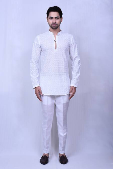 Arihant Rai Sinha White Cotton Embroidery Floral Geometric Chikankari Work Short Kurta Online at Aza Fashions Arihant Rai Sinha_White Cotton Embroidery Floral Geometric Chikankari Work Short Kurta_Online_at_Aza_Fashions