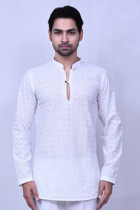 Buy Arihant Rai Sinha White Cotton Embroidery Floral Geometric Chikankari Work Short Kurta Online at Aza Fashions Buy_Arihant Rai Sinha_White Cotton Embroidery Floral Geometric Chikankari Work Short Kurta_Online_at_Aza_Fashions
