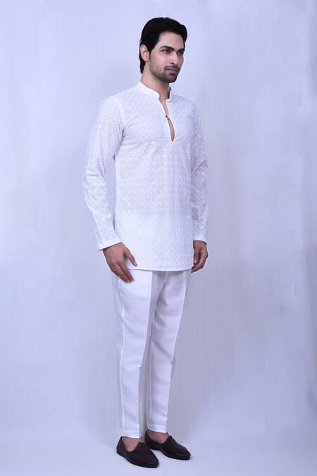 Shop Arihant Rai Sinha White Cotton Embroidery Floral Geometric Chikankari Work Short Kurta Online at Aza Fashions Shop_Arihant Rai Sinha_White Cotton Embroidery Floral Geometric Chikankari Work Short Kurta_Online_at_Aza_Fashions