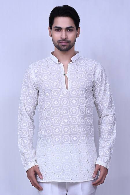 Buy_Arihant Rai Sinha_White Cotton Embroidery Geometric Floral Pattern Chikankari Short Kurta_Online_at_Aza_Fashions