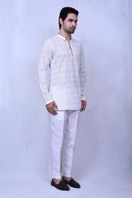 Shop_Arihant Rai Sinha_White Cotton Embroidery Geometric Floral Pattern Chikankari Short Kurta_Online_at_Aza_Fashions