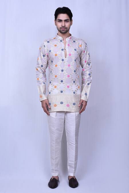 Arihant Rai Sinha White Cotton Embroidery Floral Vine Short Kurta Online at Aza Fashions Arihant Rai Sinha_White Cotton Embroidery Floral Vine Short Kurta _Online_at_Aza_Fashions