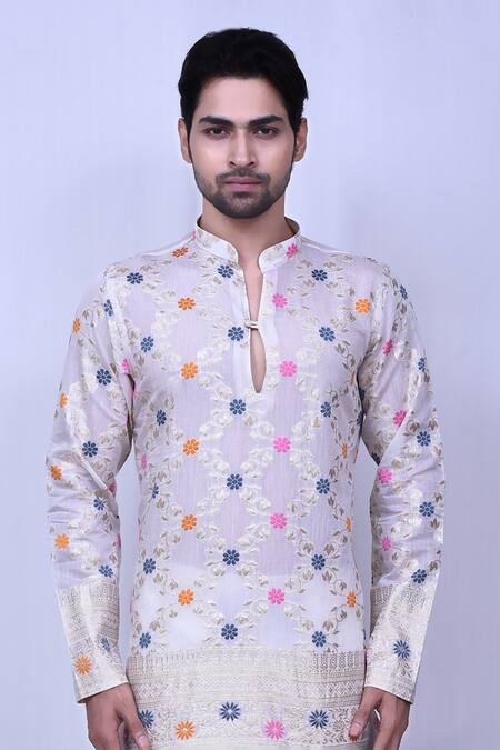 Buy Arihant Rai Sinha White Cotton Embroidery Floral Vine Short Kurta Online at Aza Fashions Buy_Arihant Rai Sinha_White Cotton Embroidery Floral Vine Short Kurta _Online_at_Aza_Fashions