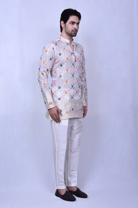 Shop Arihant Rai Sinha White Cotton Embroidery Floral Vine Short Kurta Online at Aza Fashions Shop_Arihant Rai Sinha_White Cotton Embroidery Floral Vine Short Kurta _Online_at_Aza_Fashions