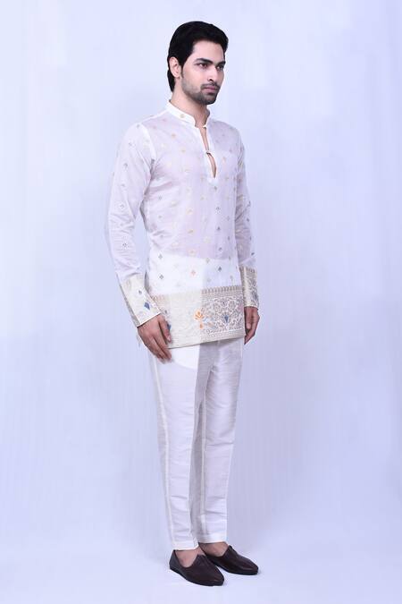 Shop Arihant Rai Sinha White Cotton Embroidery Floral Short Kurta Online at Aza Fashions Shop_Arihant Rai Sinha_White Cotton Embroidery Floral Short Kurta _Online_at_Aza_Fashions