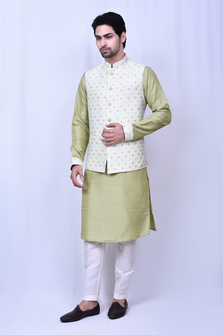 Arihant Rai Sinha Cream Art Silk Thread Work Bloom Ditzy Floral Bundi Kurta Set 