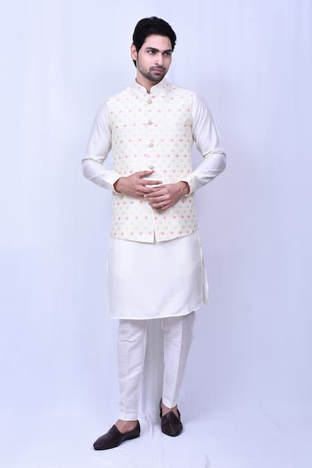 Arihant Rai Sinha Flowery Motif Thread Work Bundi Kurta Set 