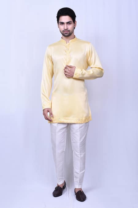 Arihant Rai Sinha Yellow Short Kurta Satin Silk Plain Embroidered Placket With Pant 