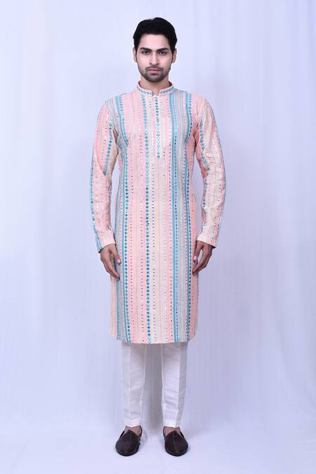 Shop_Arihant Rai Sinha_Multi Color Cotton, Silk Mirrors Work Embroidered Kurta With Pant_Online_at_Aza_Fashions