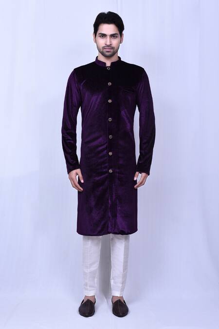 Buy_Arihant Rai Sinha_Purple Velvet, Silk Embossed Kurta With Pant_Online_at_Aza_Fashions