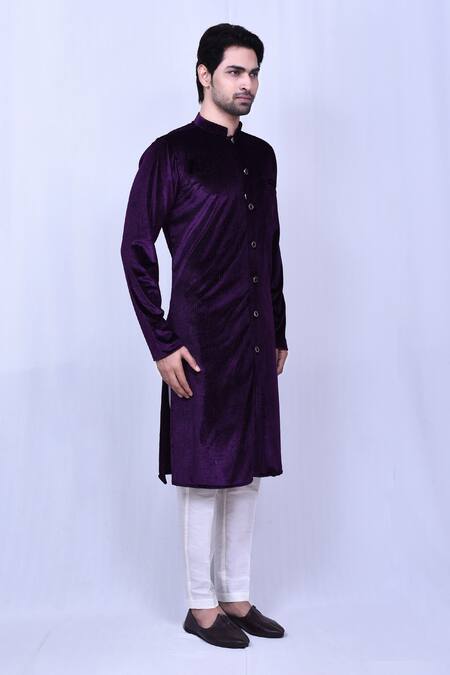 Arihant Rai Sinha_Purple Velvet, Silk Embossed Kurta With Pant_at_Aza_Fashions