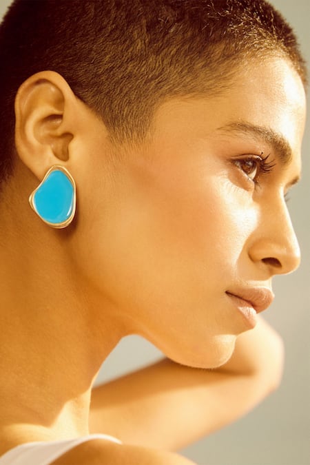 Shop Voyce Jewellery Blue Embroidery Miami Geometric Shaped Stud Earrings at Aza Fashions Shop_Voyce Jewellery_Blue Embroidery Miami Geometric Shaped Stud Earrings _at_Aza_Fashions