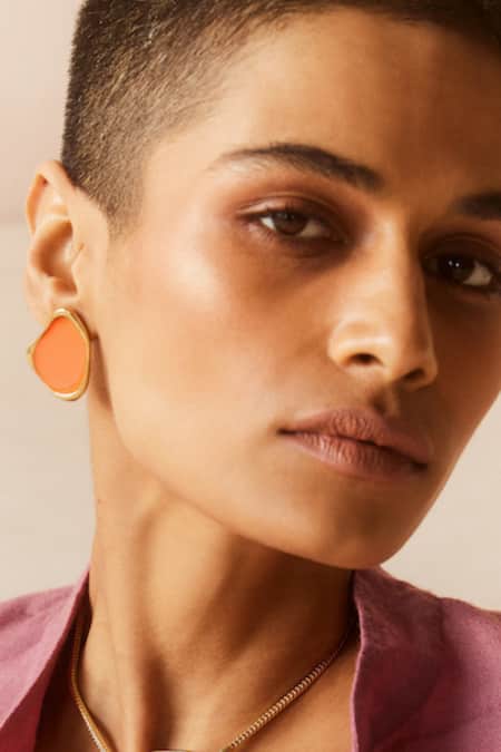 Shop Voyce Jewellery Orange Embroidery Miami Abstract Shaped Enameled Earrings at Aza Fashions Shop_Voyce Jewellery_Orange Embroidery Miami Abstract Shaped Enameled Earrings _at_Aza_Fashions