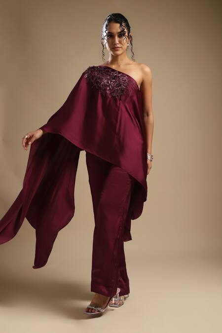 Sakshi Khetterpal Wine Silk, Cotton Sequins, Cut One Shoulder Neckline Embroidered Top And Pant Set at Aza Fashions Sakshi Khetterpal_Wine Silk, Cotton Sequins, Cut One Shoulder Neckline Embroidered Top And Pant Set _at_Aza_Fashions