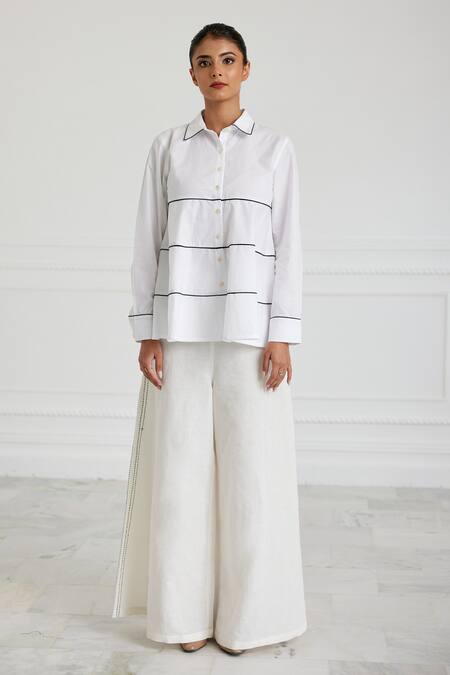 Pallavi Kandoi White Cotton Collared Handcrafted Shirt Online at Aza Fashions Pallavi Kandoi_White Cotton Collared Handcrafted Shirt_Online_at_Aza_Fashions