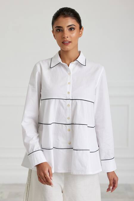 Buy Pallavi Kandoi White Cotton Collared Handcrafted Shirt Online at Aza Fashions Buy_Pallavi Kandoi_White Cotton Collared Handcrafted Shirt_Online_at_Aza_Fashions
