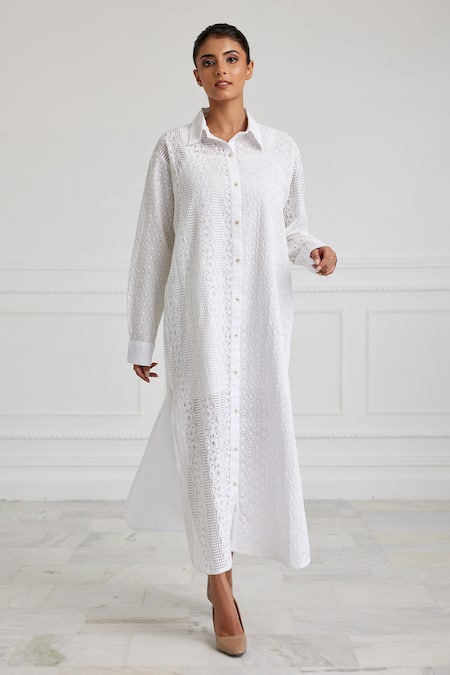 Pallavi Kandoi White Cotton Collared Schiffli Pattern Midi Dress Online at Aza Fashions Pallavi Kandoi_White Cotton Collared Schiffli Pattern Midi Dress _Online_at_Aza_Fashions