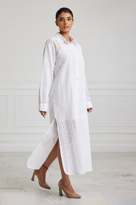 Buy Pallavi Kandoi White Cotton Collared Schiffli Pattern Midi Dress Online at Aza Fashions Buy_Pallavi Kandoi_White Cotton Collared Schiffli Pattern Midi Dress _Online_at_Aza_Fashions
