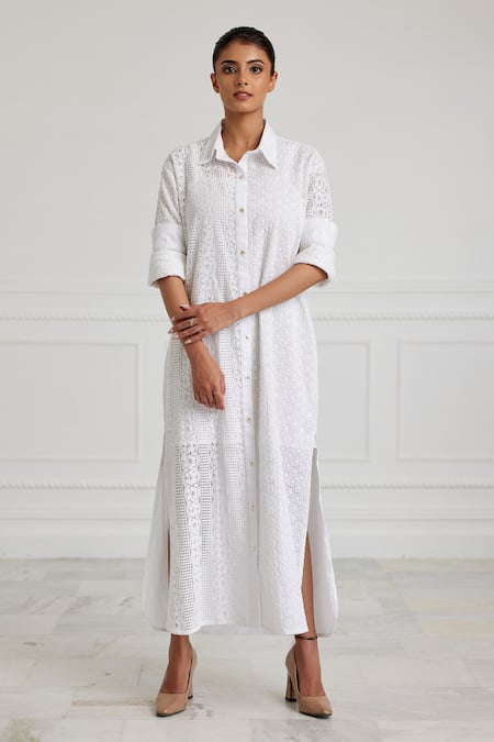 Shop Pallavi Kandoi White Cotton Collared Schiffli Pattern Midi Dress Online at Aza Fashions Shop_Pallavi Kandoi_White Cotton Collared Schiffli Pattern Midi Dress _Online_at_Aza_Fashions