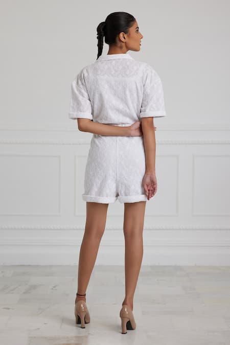 Shop_Pallavi Kandoi_White Cotton Collared Self Patterned Playsuit _at_Aza_Fashions